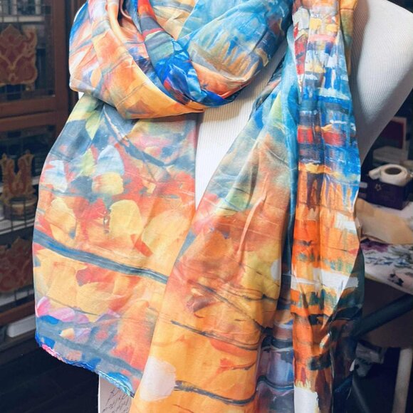 Abstract Art Scarf by Cleo – 2010s – Multicolor Silk Feel – Painterly Pattern - Picture 12 of 16